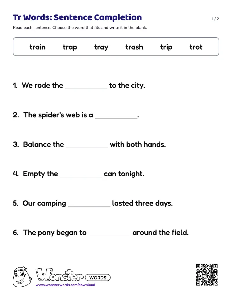 Page 1 of the Tr Words: Sentence Completion worksheet (2 pages): 6 sentences, answer key included