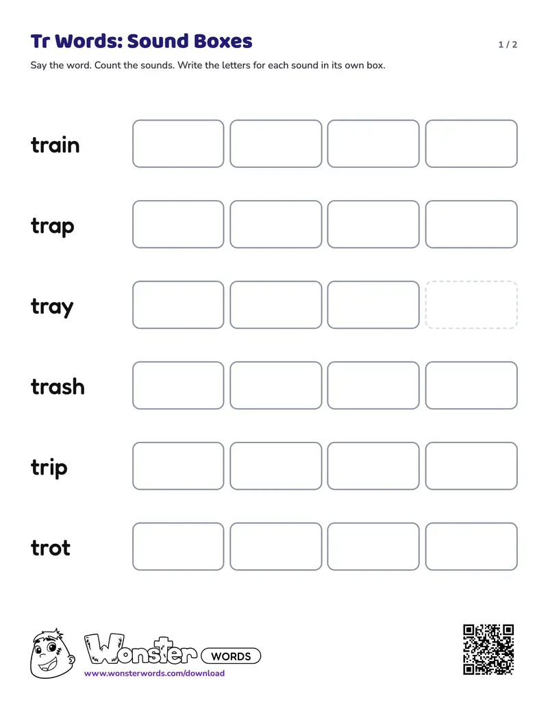 Page 1 of the Tr Words: Sound Boxes worksheet (2 pages): 6 words, answer key included