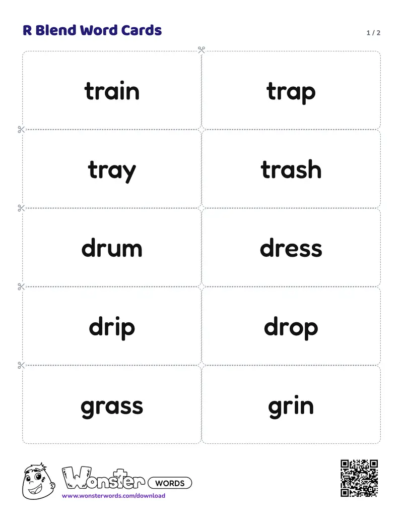 Page 1 of the R Blend Word Cards worksheet (2 pages): 16 cards