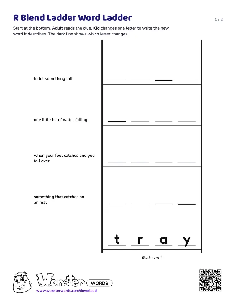 Page 1 of the R Blend Ladder Word Ladder worksheet (2 pages): 5 rungs, answer key included