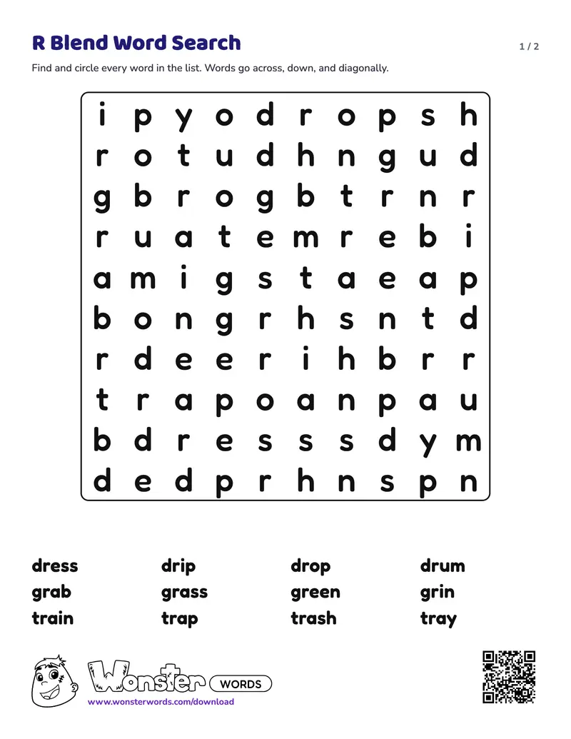 Page 1 of the R Blend Word Search worksheet (2 pages): 12 words, answer key included
