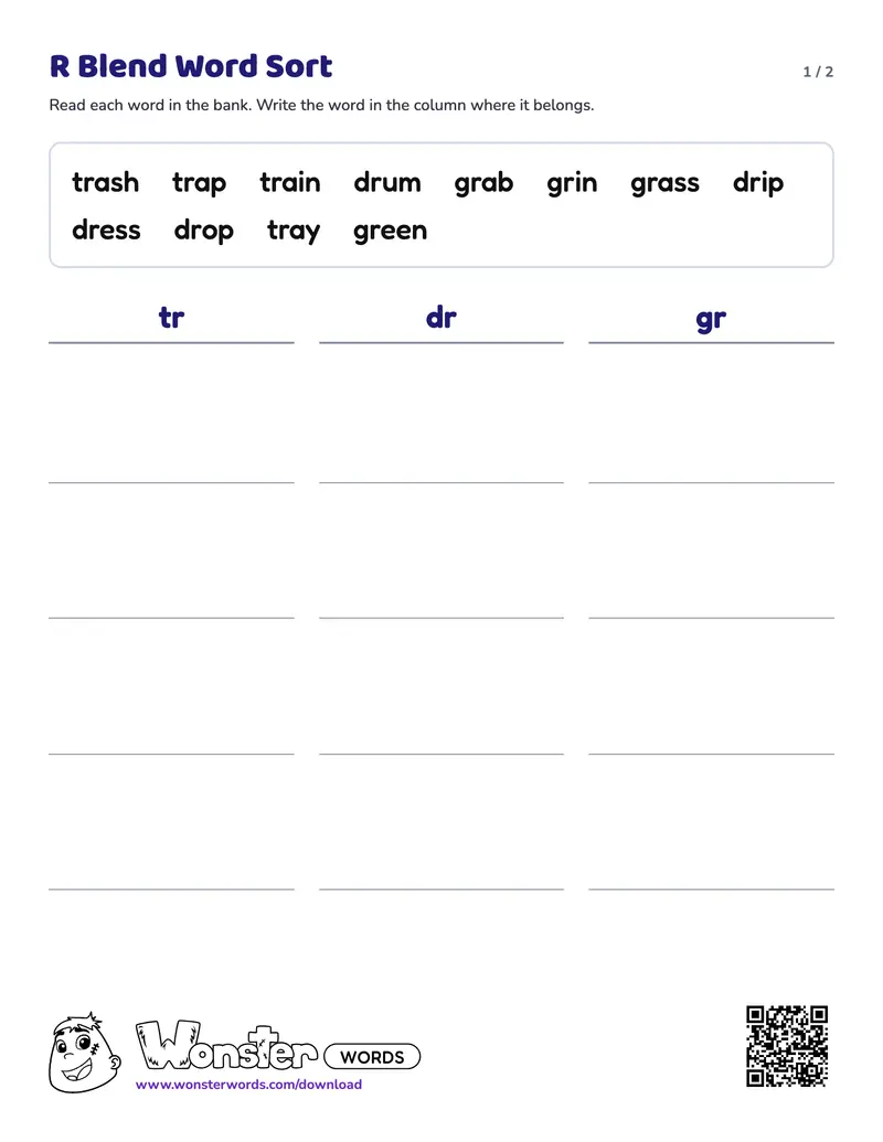 Page 1 of the R Blend Word Sort worksheet (2 pages): 12 words, answer key included
