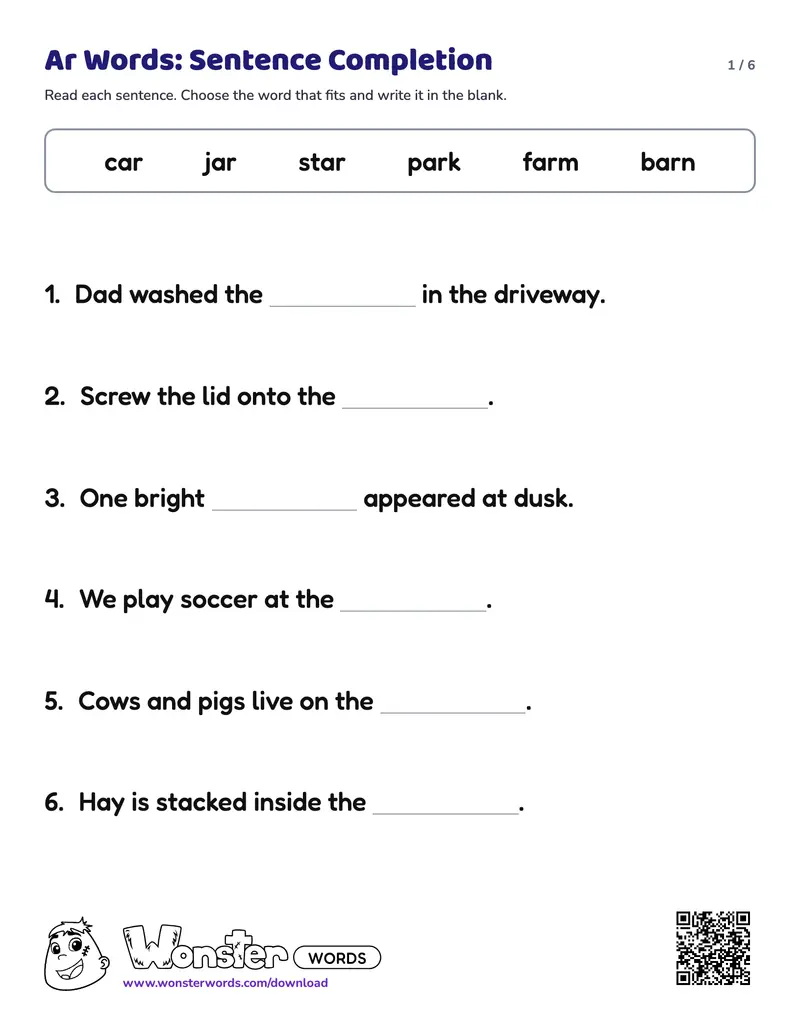 Page 1 of the Ar Words: Sentence Completion worksheet (6 pages): 14 sentences, answer key included