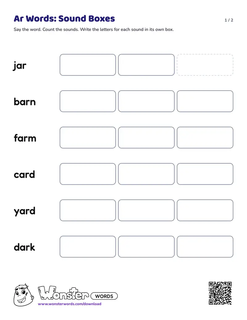 Page 1 of the Ar Words: Sound Boxes worksheet (2 pages): 6 words, answer key included