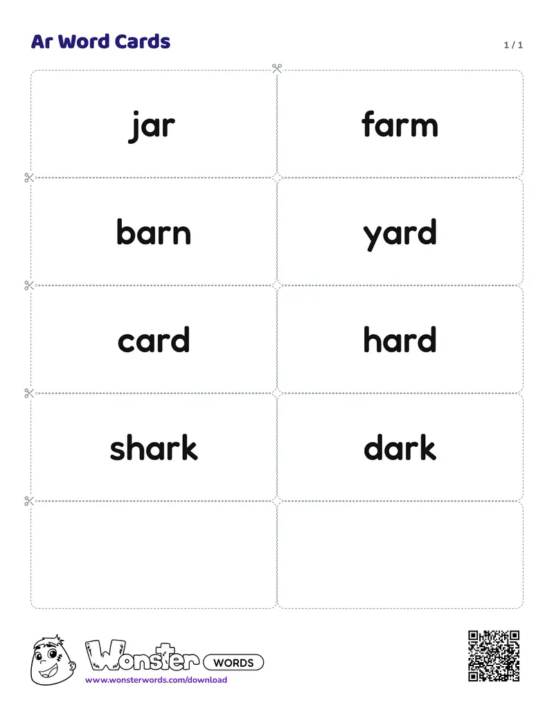 The Ar Word Cards worksheet: 8 cards