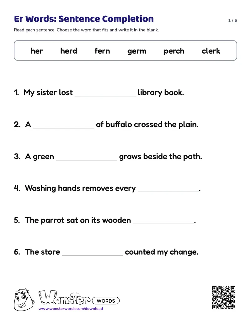 Page 1 of the Er Words: Sentence Completion worksheet (6 pages): 16 sentences, answer key included