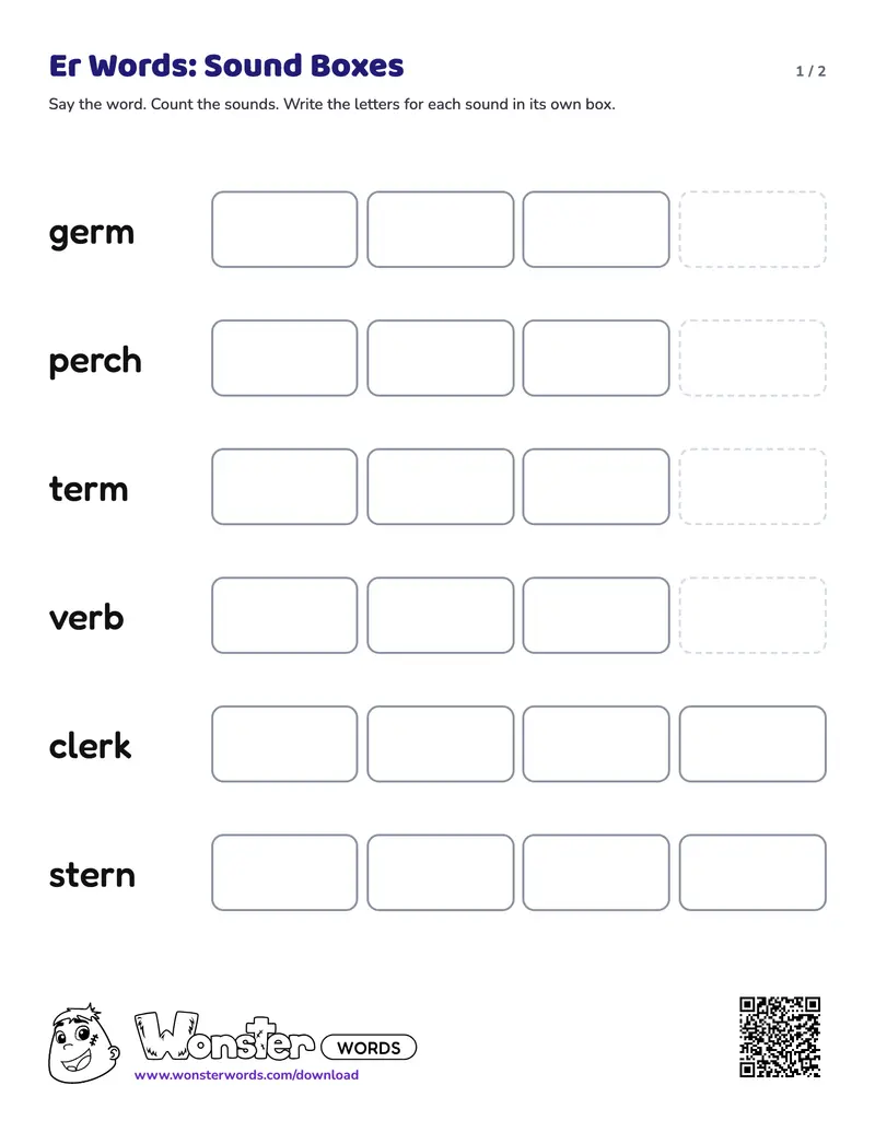 Page 1 of the Er Words: Sound Boxes worksheet (2 pages): 6 words, answer key included