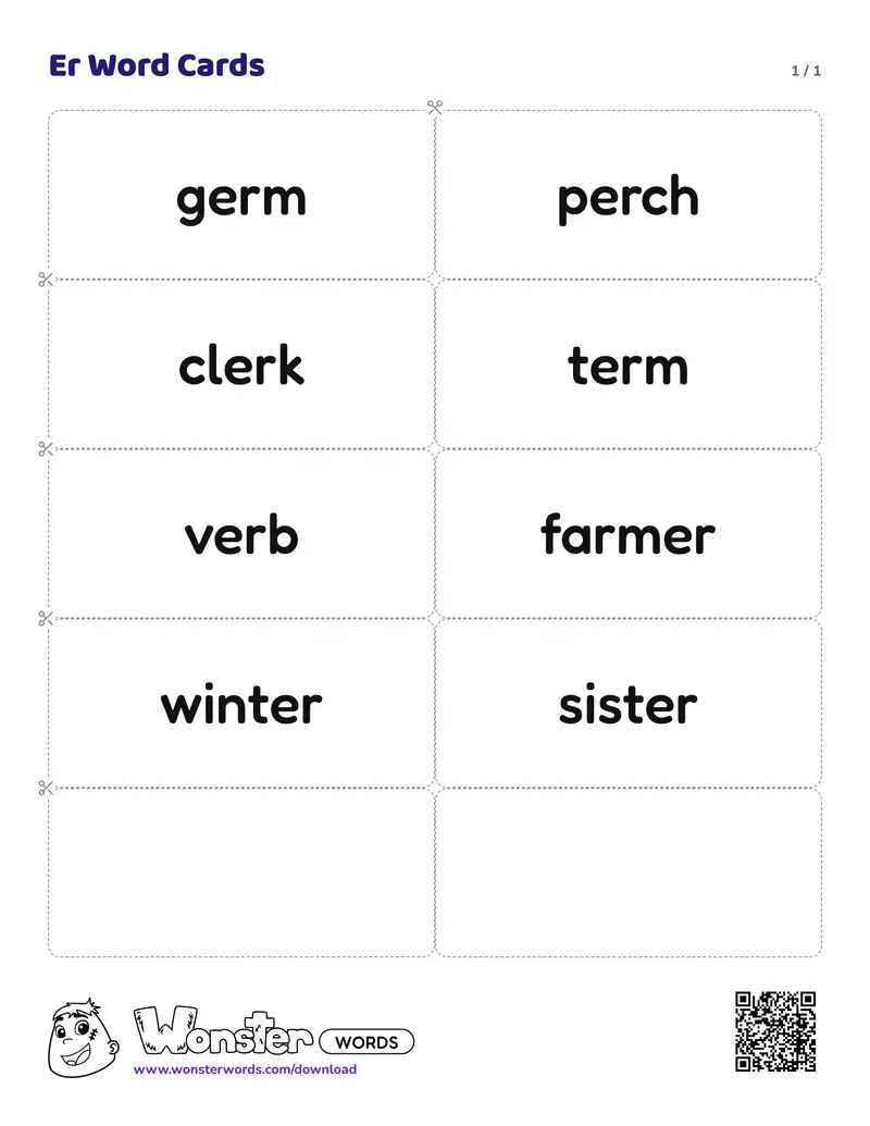 The Er Word Cards worksheet: 8 cards
