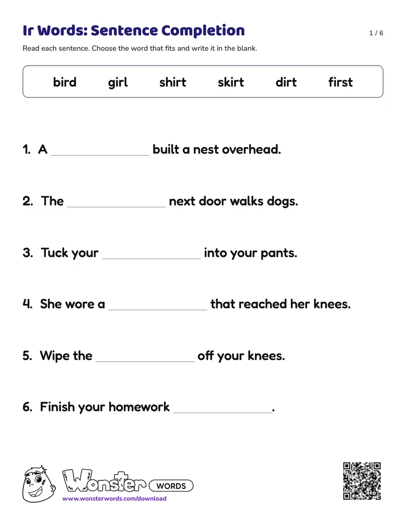 Page 1 of the Ir Words: Sentence Completion worksheet (6 pages): 14 sentences, answer key included