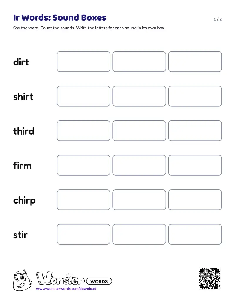 Page 1 of the Ir Words: Sound Boxes worksheet (2 pages): 6 words, answer key included