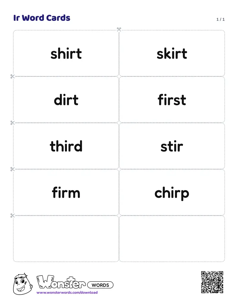 The Ir Word Cards worksheet: 8 cards