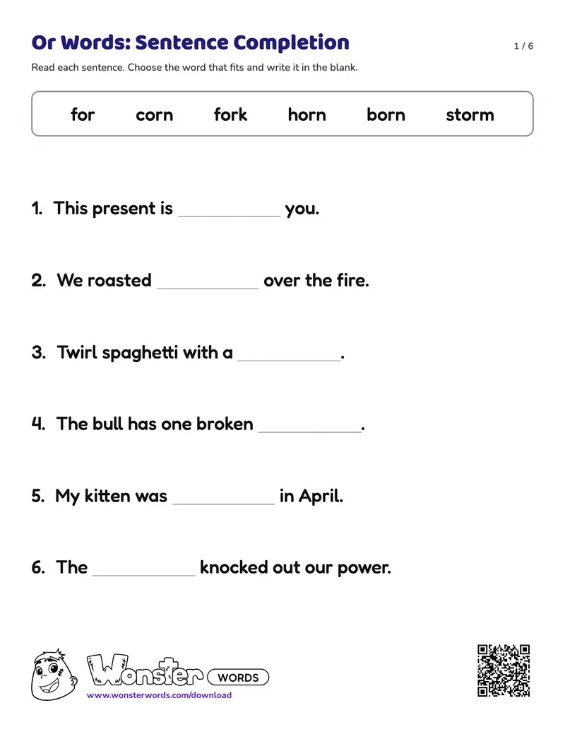 Page 1 of the Or Words: Sentence Completion worksheet (6 pages): 15 sentences, answer key included