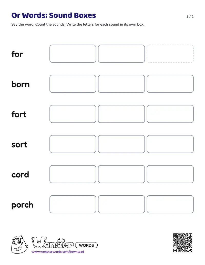 Page 1 of the Or Words: Sound Boxes worksheet (2 pages): 6 words, answer key included