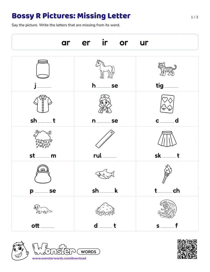 Page 1 of the Bossy R Pictures: Missing Letter worksheet (2 pages): 15 pictures, answer key included