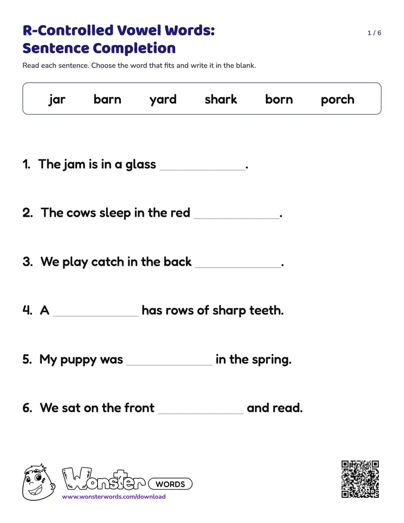 Page 1 of the R-Controlled Vowel Words: Sentence Completion worksheet (6 pages): 16 sentences, answer key included