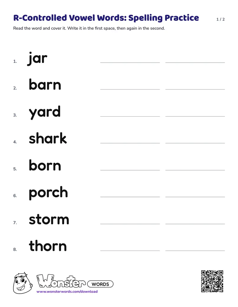 Page 1 of the R-Controlled Vowel Words: Spelling Practice worksheet (2 pages): 16 words