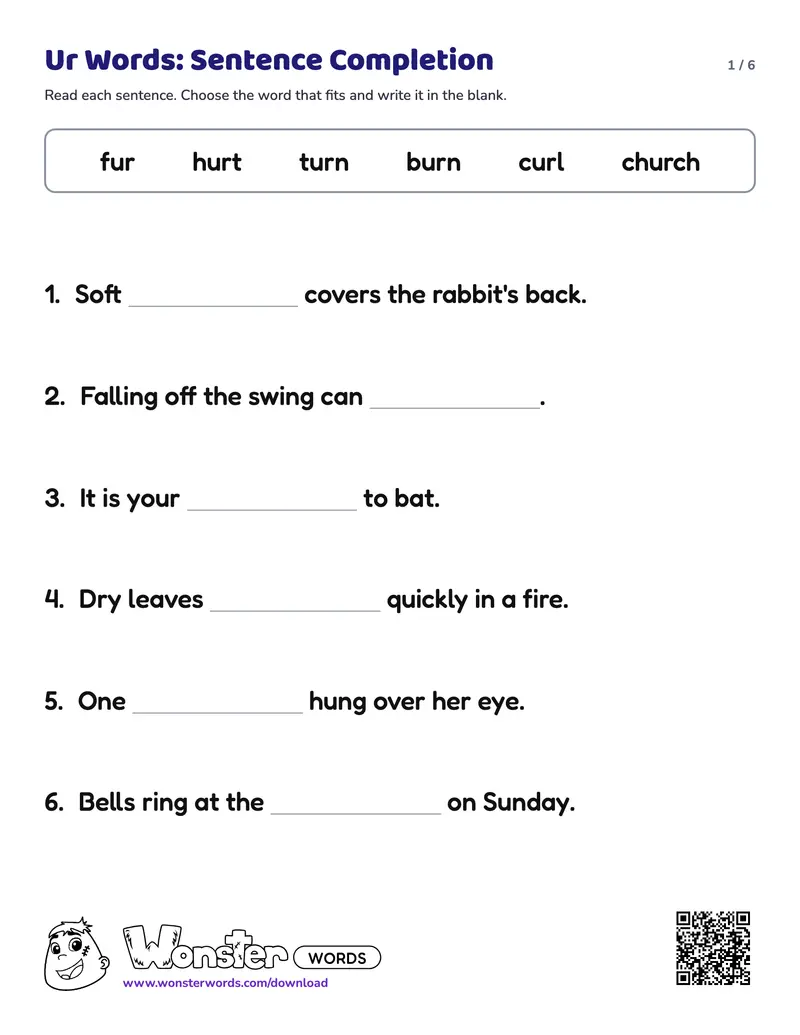 Page 1 of the Ur Words: Sentence Completion worksheet (6 pages): 14 sentences, answer key included