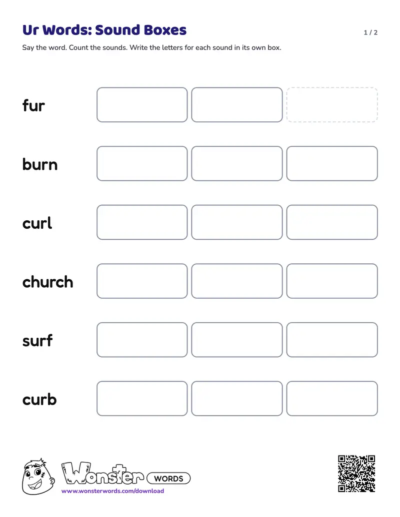 Page 1 of the Ur Words: Sound Boxes worksheet (2 pages): 6 words, answer key included