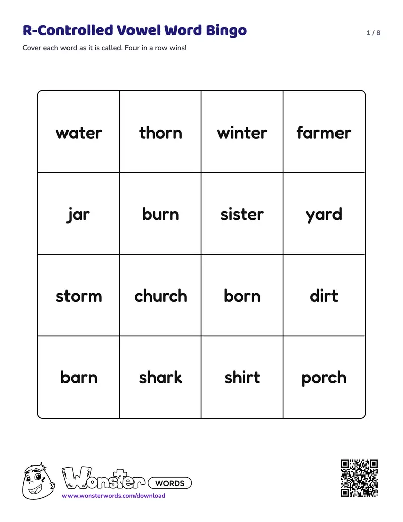 Page 1 of the R-Controlled Vowel Word Bingo worksheet (8 pages): 16 words