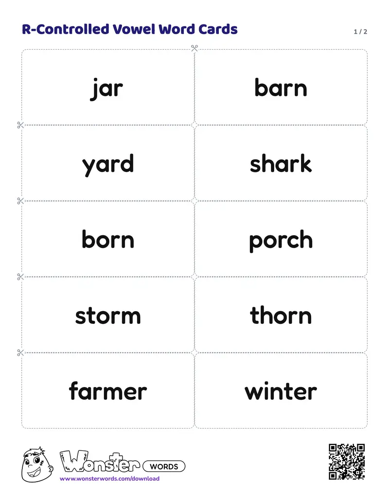 Page 1 of the R-Controlled Vowel Word Cards worksheet (2 pages): 16 cards