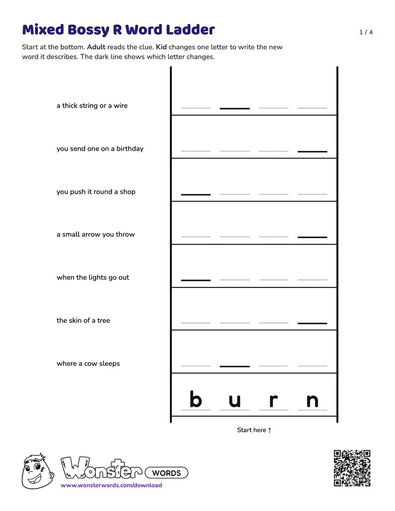 Page 1 of the Mixed Bossy R Word Ladder worksheet (4 pages): 13 rungs, answer key included