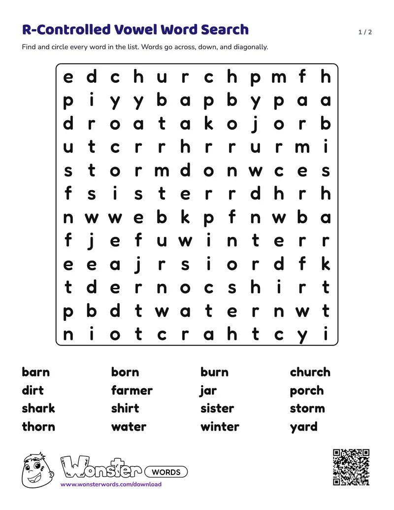 Page 1 of the R-Controlled Vowel Word Search worksheet (2 pages): 16 words, answer key included