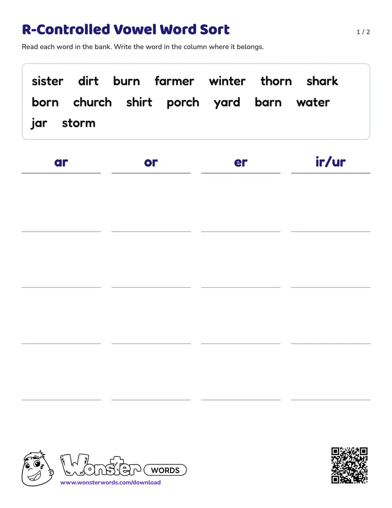 Page 1 of the R-Controlled Vowel Word Sort worksheet (2 pages): 16 words, answer key included