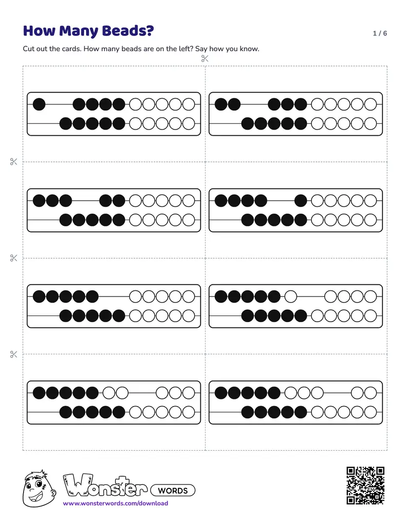 Page 1 of the How Many Beads? worksheet (6 pages): 32 cards, answer key included