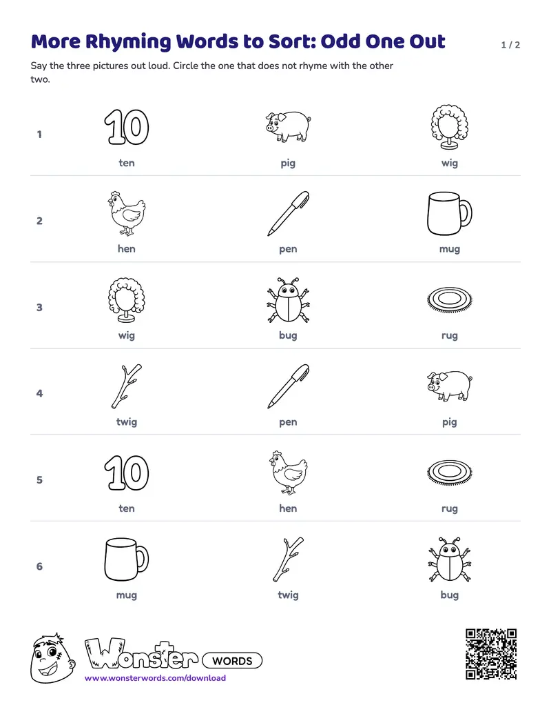 Page 1 of the More Rhyming Words to Sort: Odd One Out worksheet (2 pages): 6 rows, answer key included