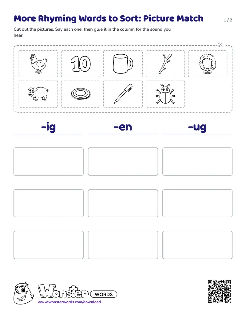 Page 1 of the More Rhyming Words to Sort: Picture Match worksheet (2 pages): 9 pictures, answer key included
