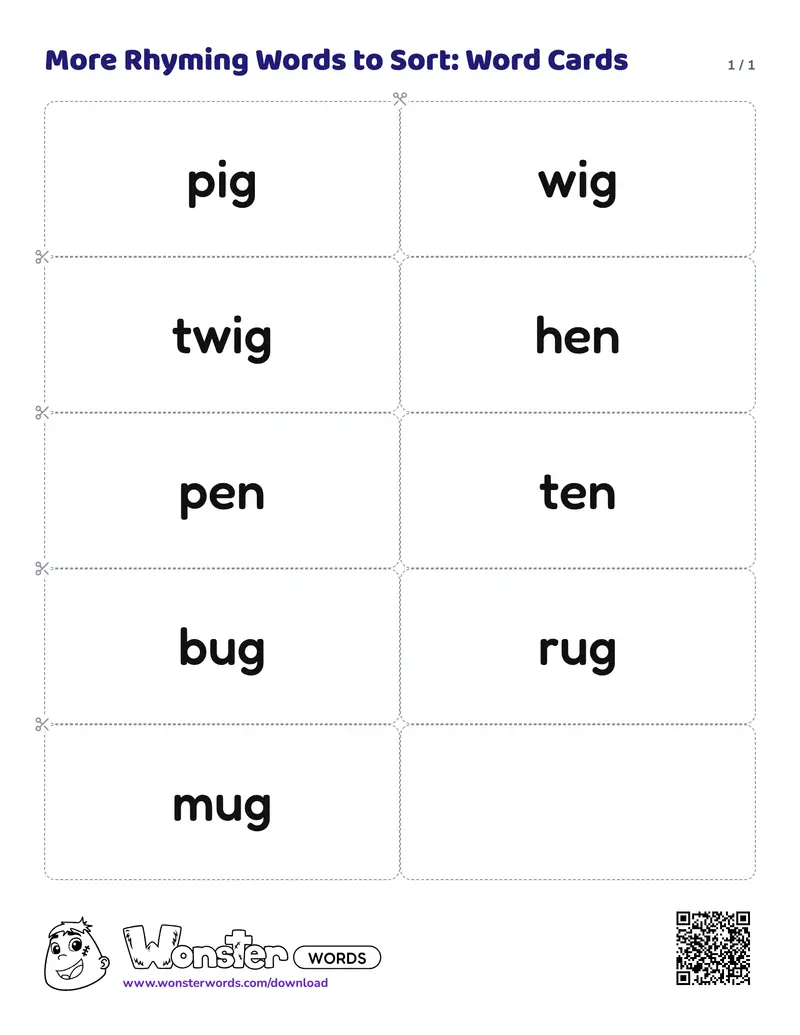 The More Rhyming Words to Sort: Word Cards worksheet: 9 cards