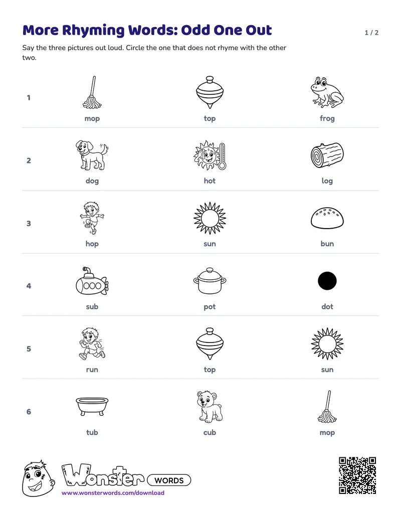 Page 1 of the More Rhyming Words: Odd One Out worksheet (2 pages): 6 rows, answer key included
