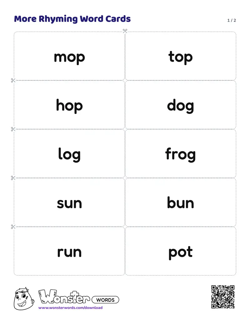 Page 1 of the More Rhyming Word Cards worksheet (2 pages): 15 cards