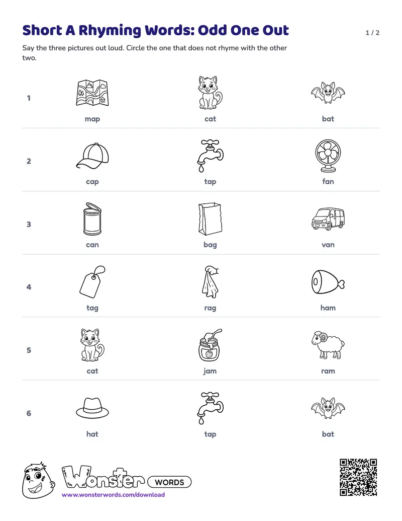 Page 1 of the Short A Rhyming Words: Odd One Out worksheet (2 pages): 6 rows, answer key included