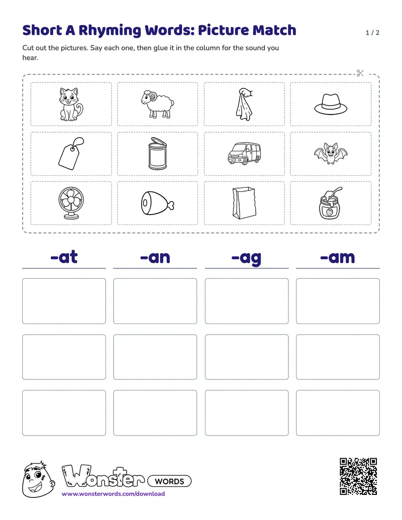 Page 1 of the Short A Rhyming Words: Picture Match worksheet (2 pages): 12 pictures, answer key included