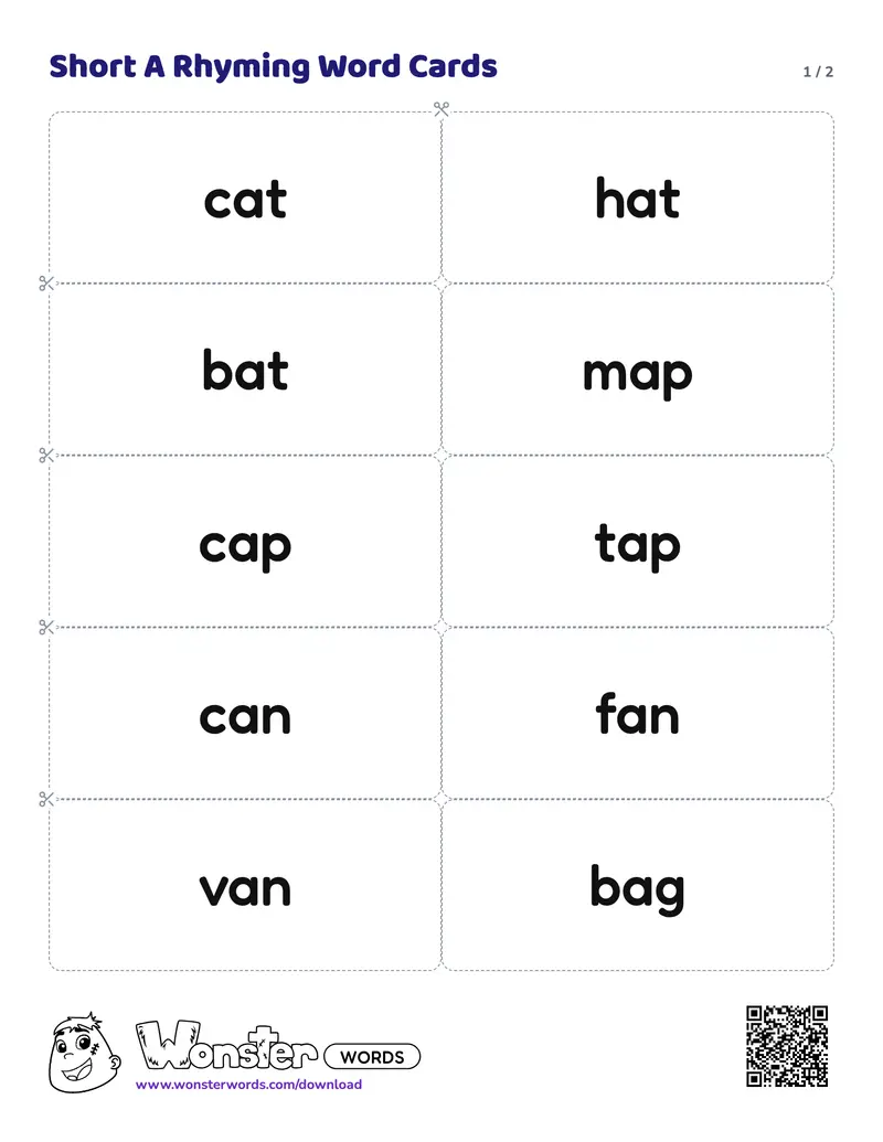 Page 1 of the Short A Rhyming Word Cards worksheet (2 pages): 15 cards