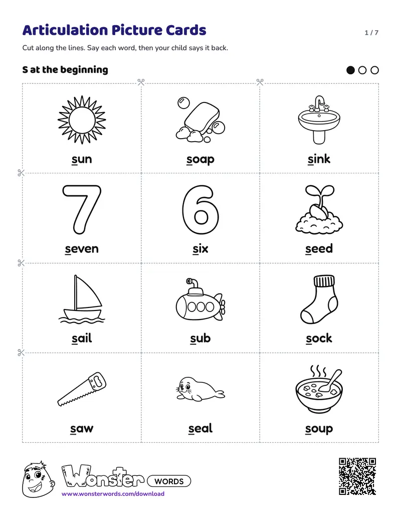 Page 1 of the Articulation Picture Cards worksheet (7 pages): 53 cards for S and Sh