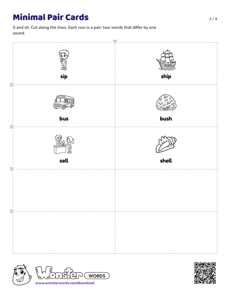 Page 1 of the Minimal Pair Cards worksheet (4 pages): 10 pairs