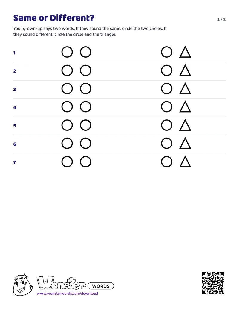Page 1 of the Same or Different? worksheet (2 pages): 7 pairs, answer key included