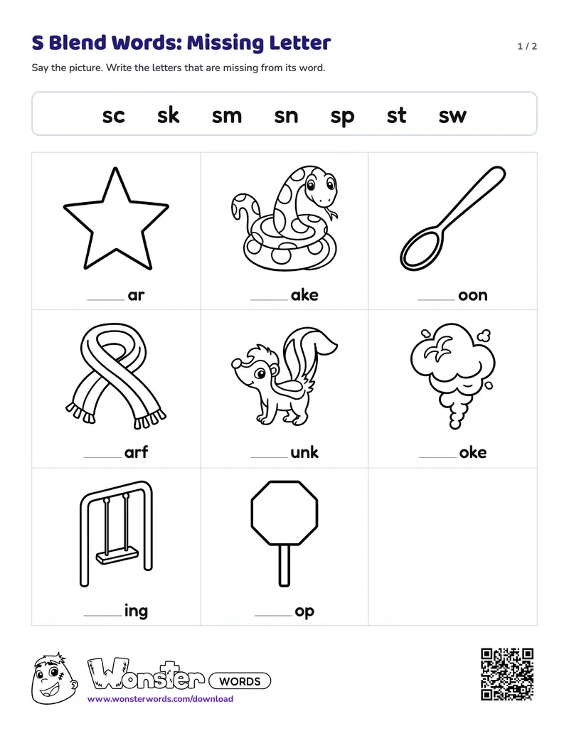 Page 1 of the S Blend Words: Missing Letter worksheet (2 pages): 8 pictures, answer key included