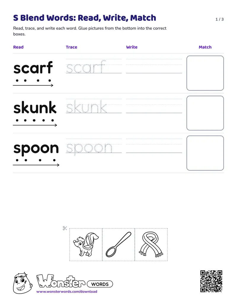 Page 1 of the S Blend Words: Read, Write, Match worksheet (3 pages): 5 words, answer key included