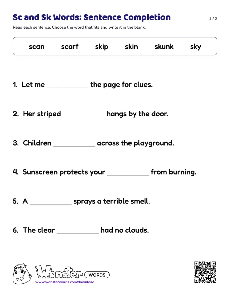 Page 1 of the Sc and Sk Words: Sentence Completion worksheet (2 pages): 6 sentences, answer key included