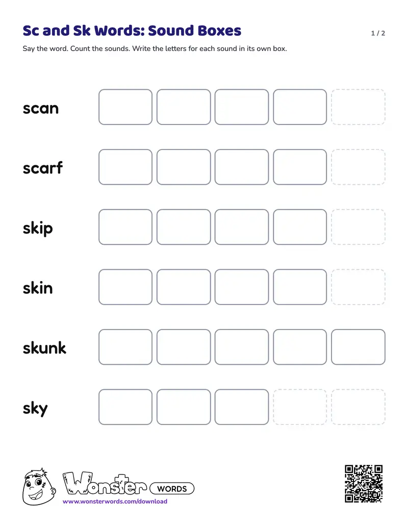 Page 1 of the Sc and Sk Words: Sound Boxes worksheet (2 pages): 6 words, answer key included