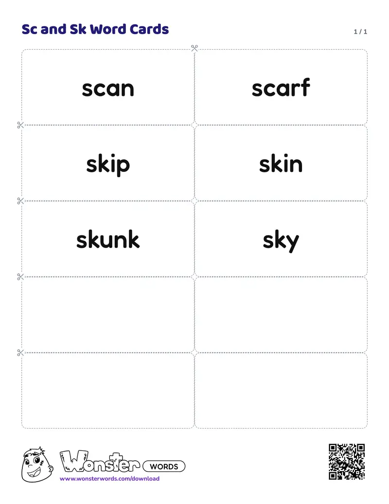 The Sc and Sk Word Cards worksheet: 6 cards