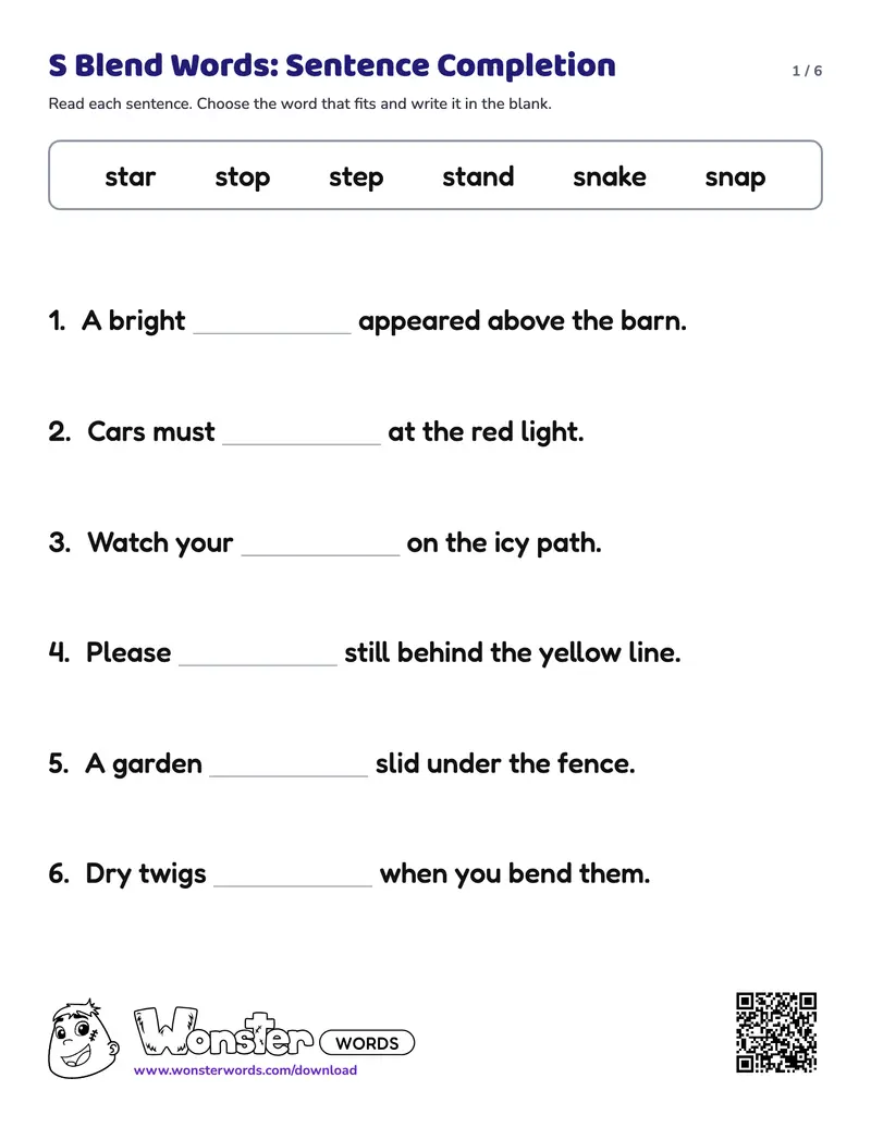 Page 1 of the S Blend Words: Sentence Completion worksheet (6 pages): 16 sentences, answer key included