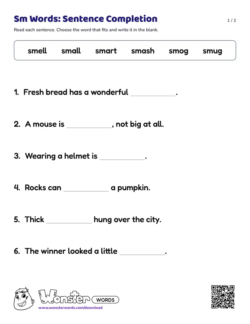 Page 1 of the Sm Words: Sentence Completion worksheet (2 pages): 6 sentences, answer key included