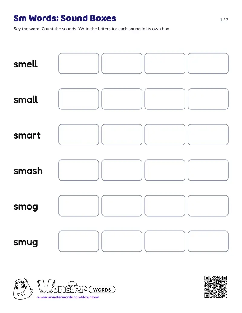 Page 1 of the Sm Words: Sound Boxes worksheet (2 pages): 6 words, answer key included
