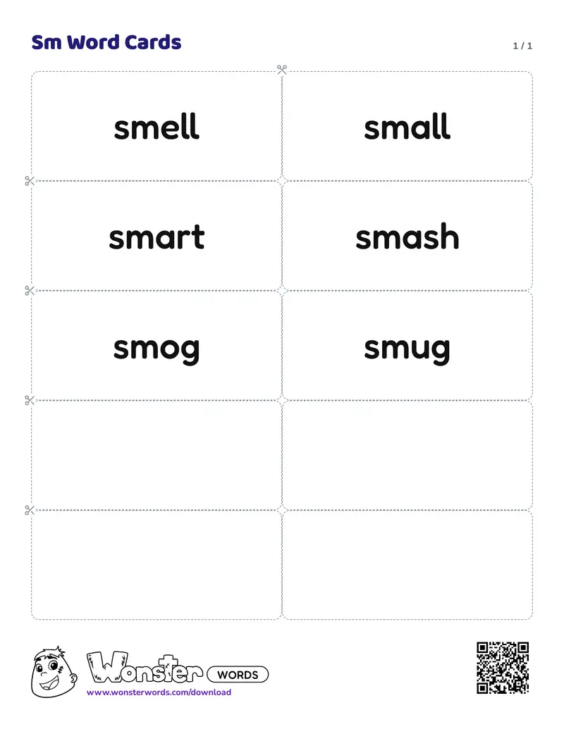 The Sm Word Cards worksheet: 6 cards