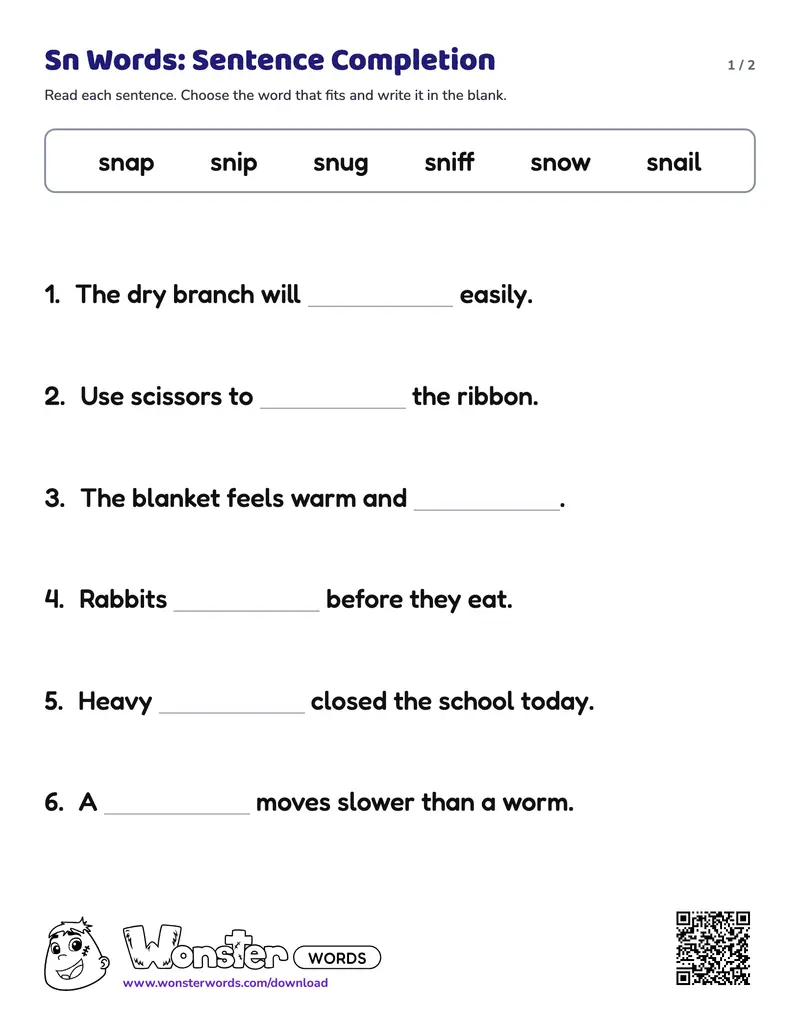 Page 1 of the Sn Words: Sentence Completion worksheet (2 pages): 6 sentences, answer key included
