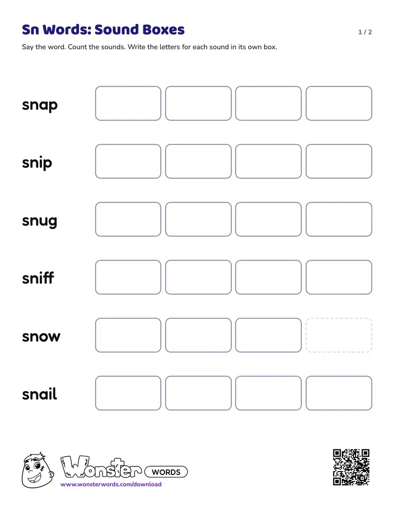 Page 1 of the Sn Words: Sound Boxes worksheet (2 pages): 6 words, answer key included